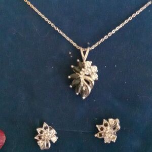 Sterling Silver Onyx & Rhinestones  Pendant & Earrings Set